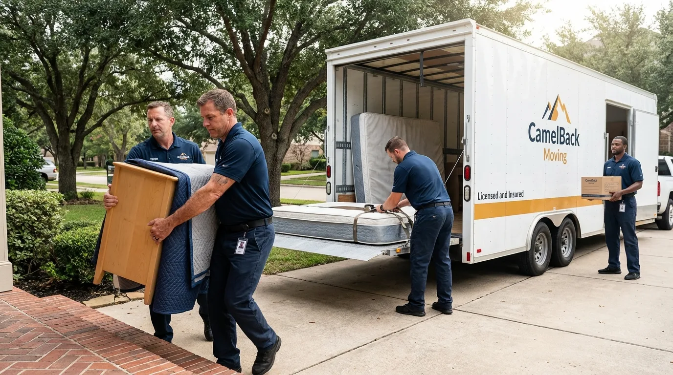 Crew loading residential truck for cross-state move from Byron, MN