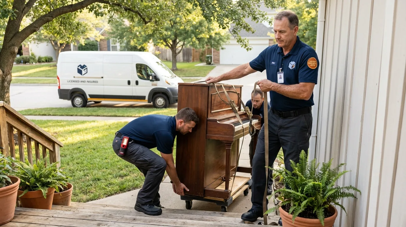 Licensed piano movers securing grand piano in Byron, MN