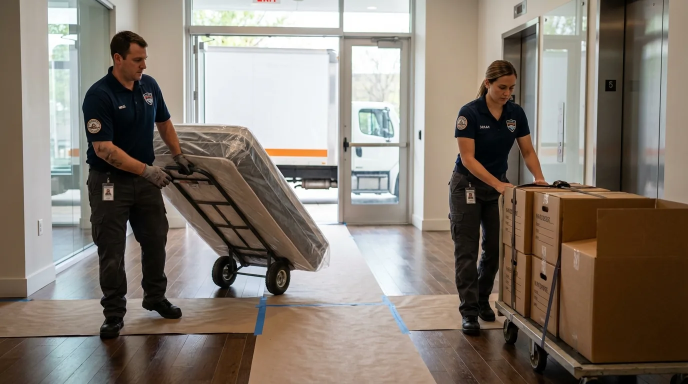 Professional apartment movers loading elevator in Byron, MN